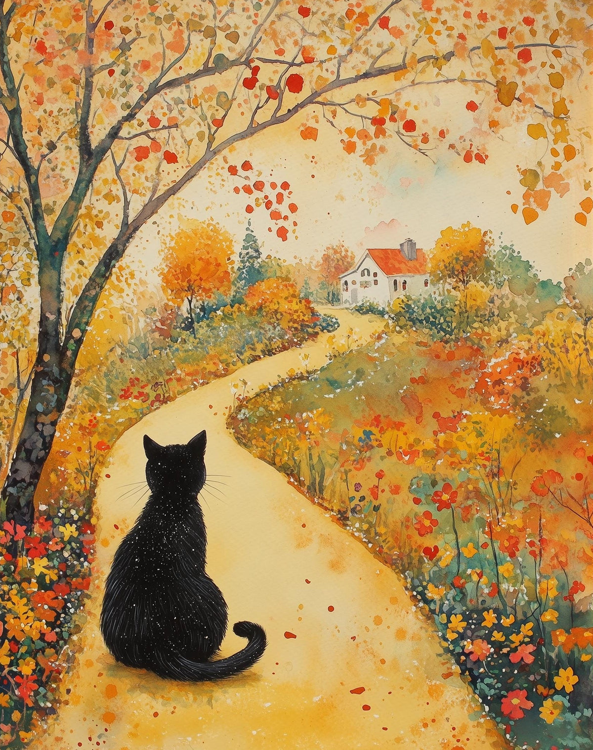 Black Cat Autumn Path fall art print unframed, signed by Pattie Overcash