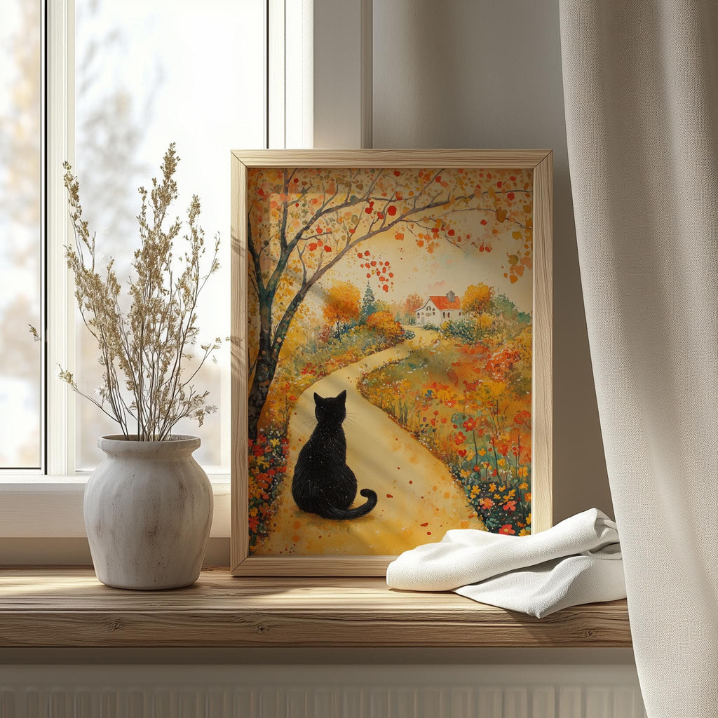 Black Cat Autumn Path fall art print shown in a room setting