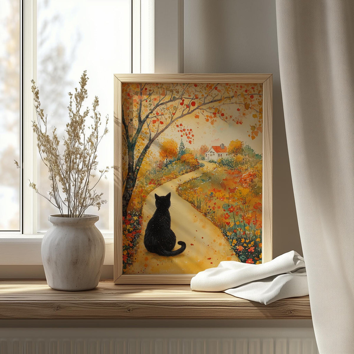Black Cat Autumn Path fall art print shown in a room setting
