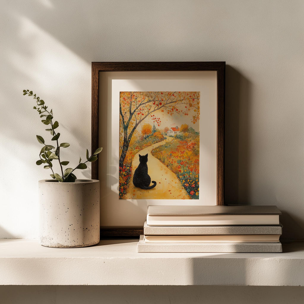 Black Cat Autumn Path fall art print shown in a room setting