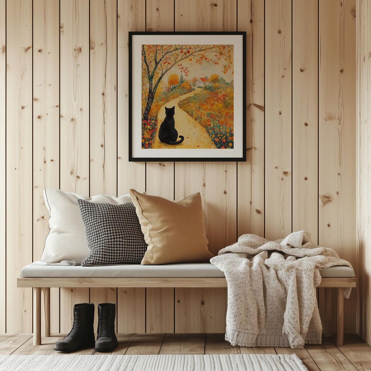Black Cat Autumn Path fall art print shown in a room setting