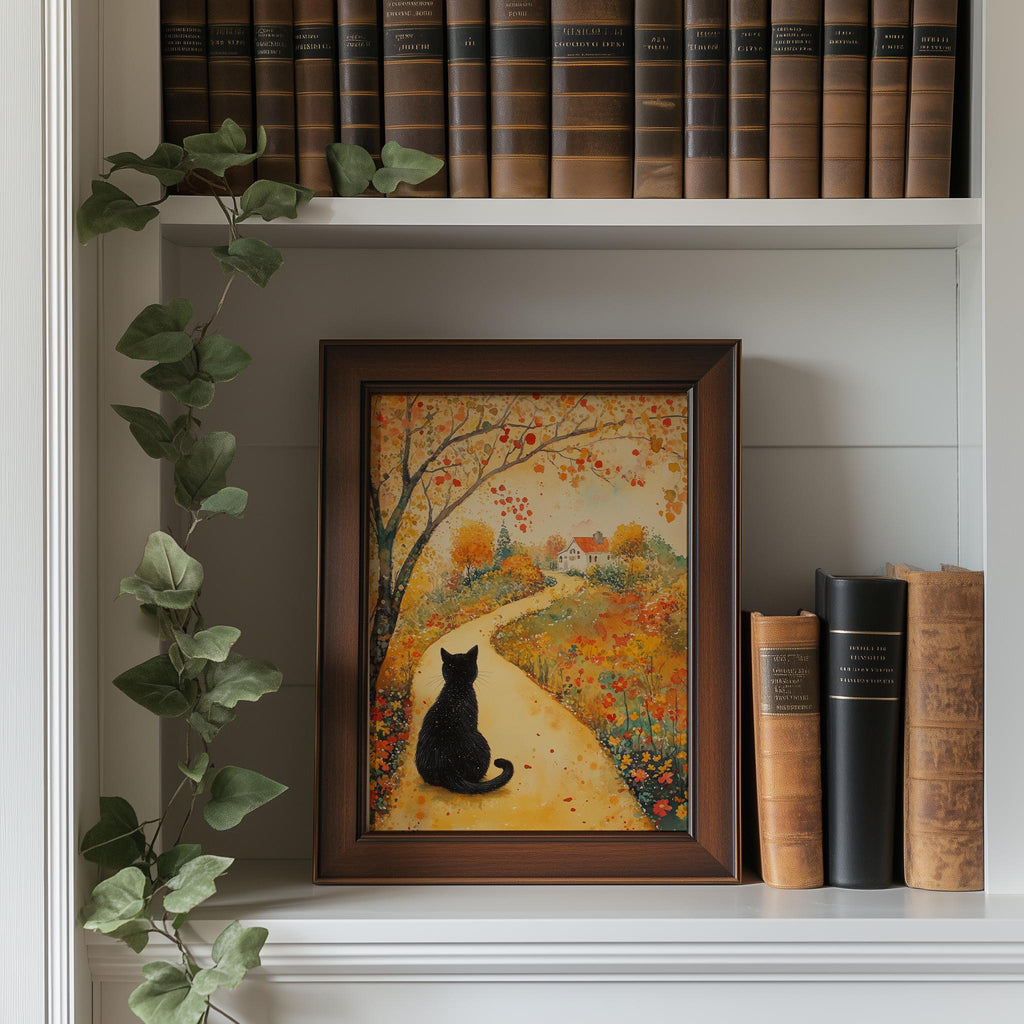 Black Cat Autumn Path fall art print shown in a room setting