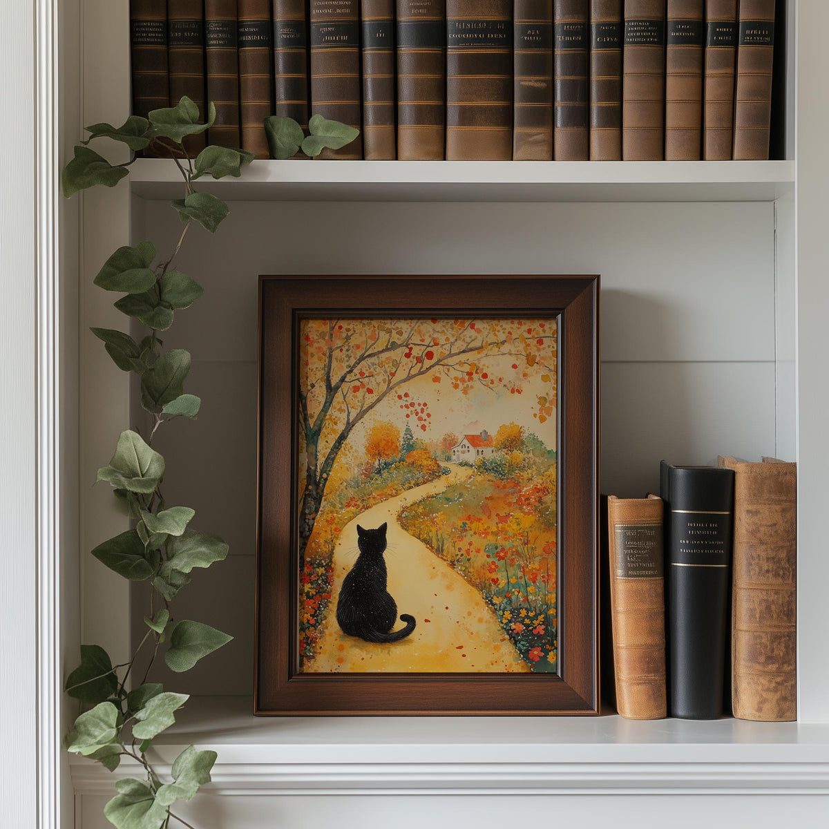 Black Cat Autumn Path fall art print shown in a room setting