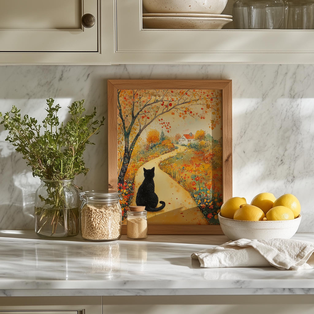 Black Cat Autumn Path fall art print shown in a room setting