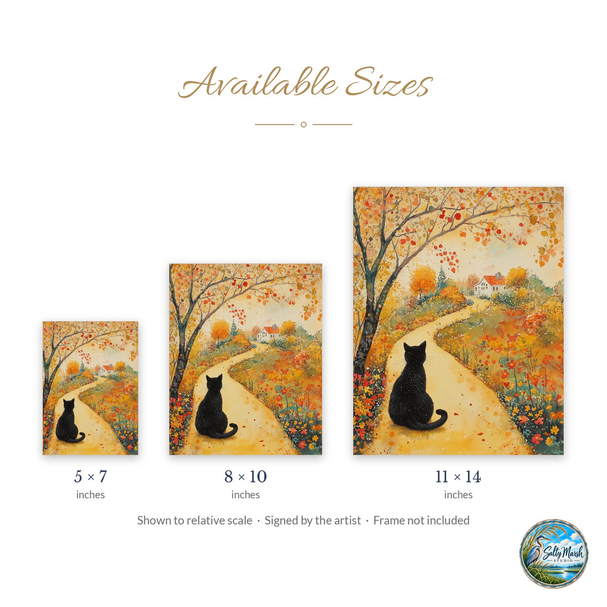 Black Cat Autumn Path art print size guide: 5x7, 8x10 and 11x14