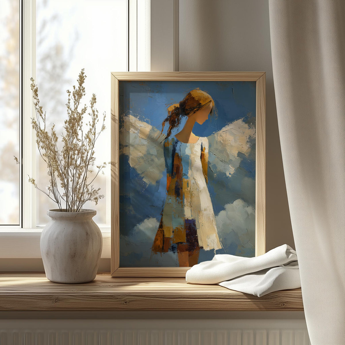 Folk Angel faith art print shown in a room setting