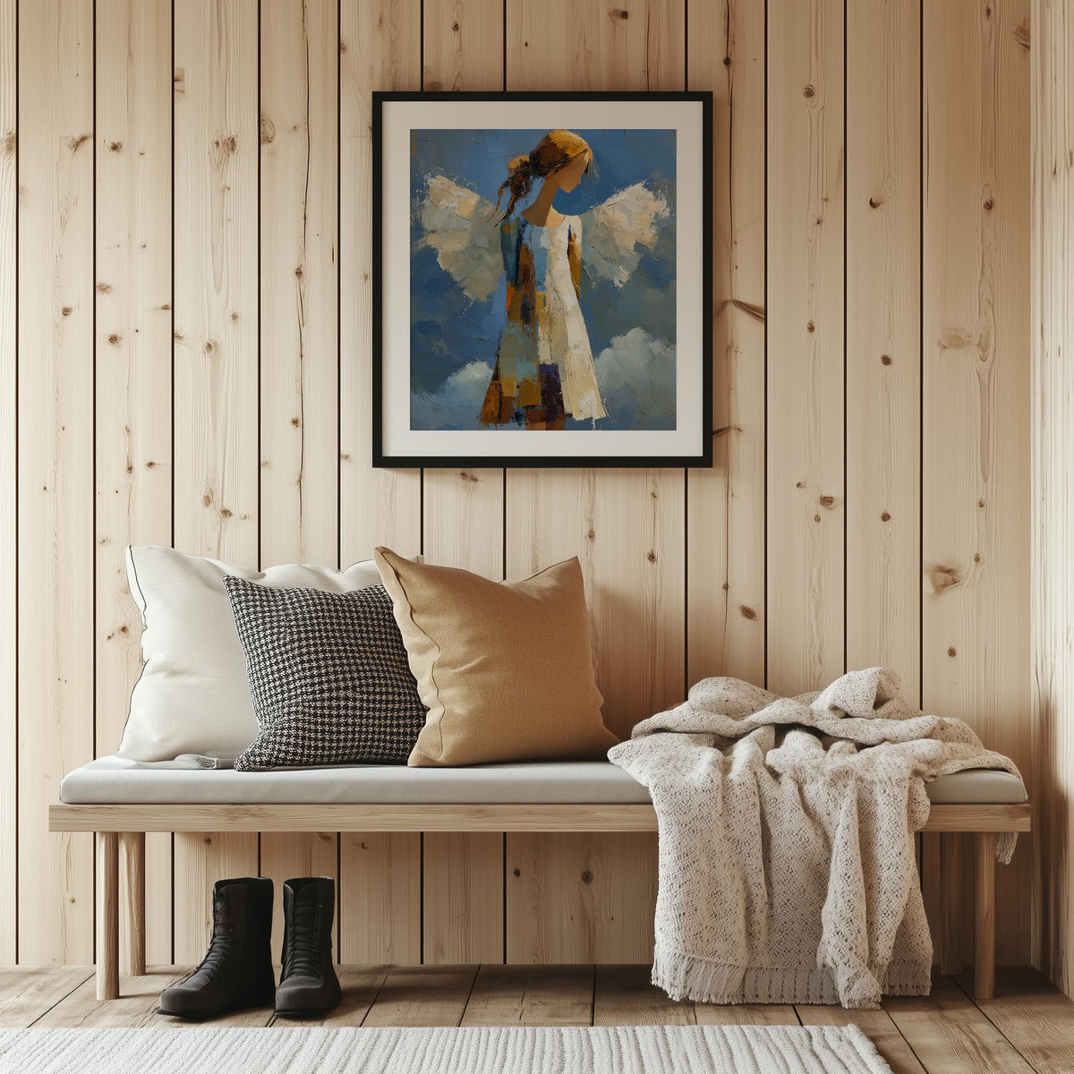 Folk Angel faith art print shown in a room setting