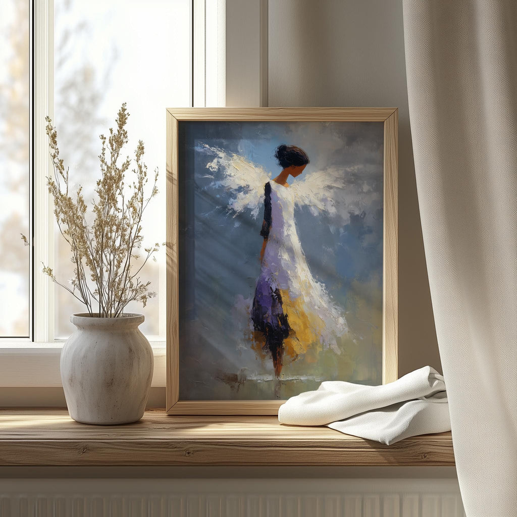 Serene Angel faith art print shown in a room setting