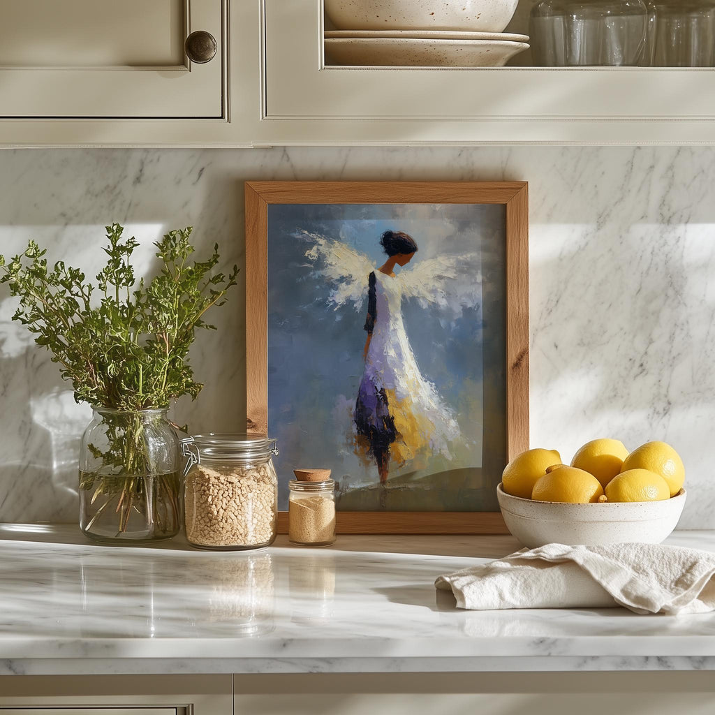 Serene Angel faith art print shown in a room setting