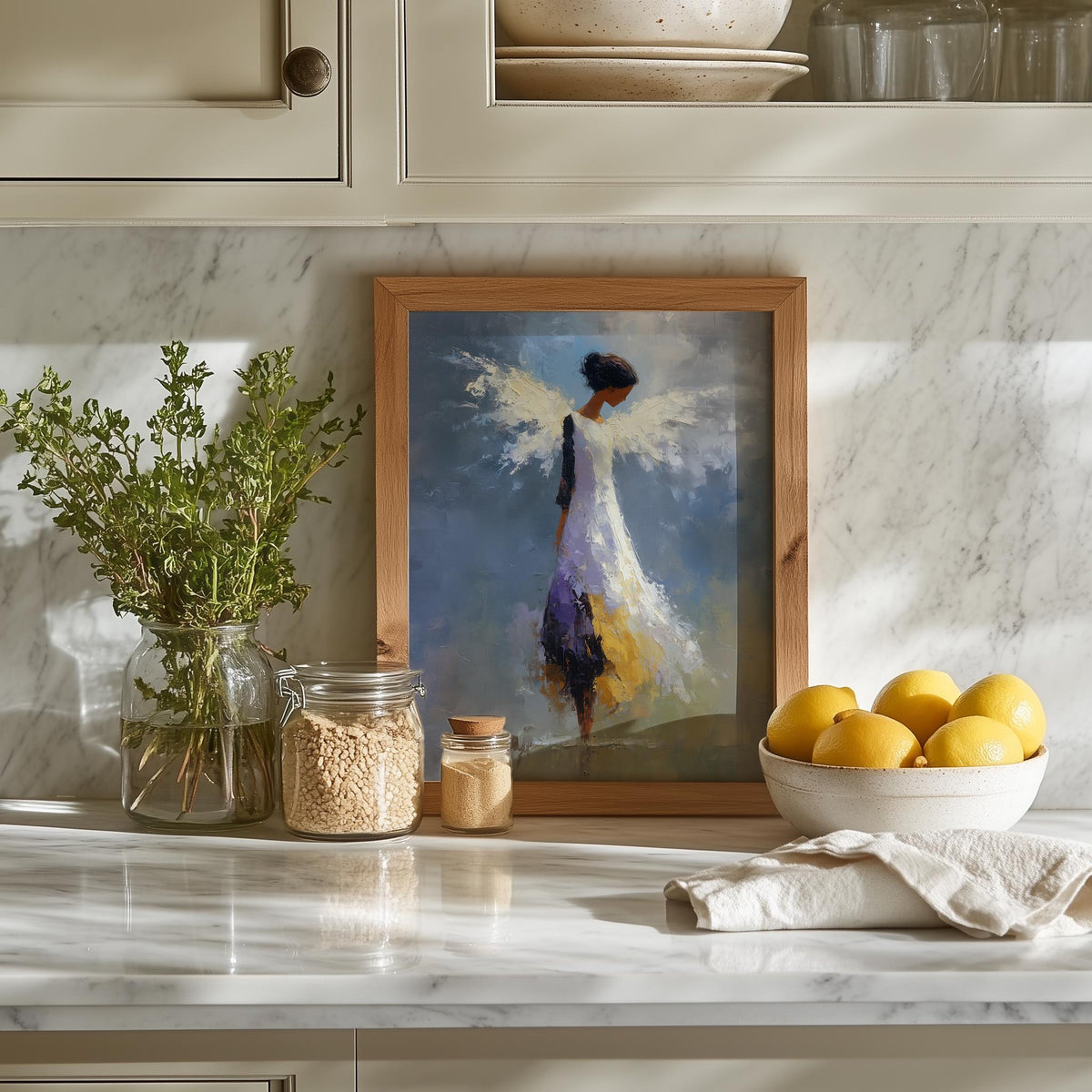 Serene Angel faith art print shown in a room setting