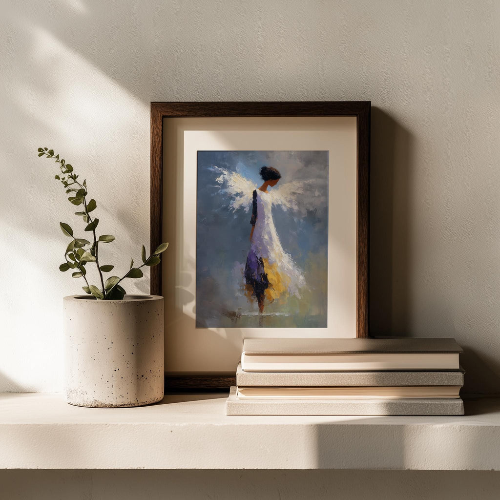 Serene Angel faith art print shown in a room setting