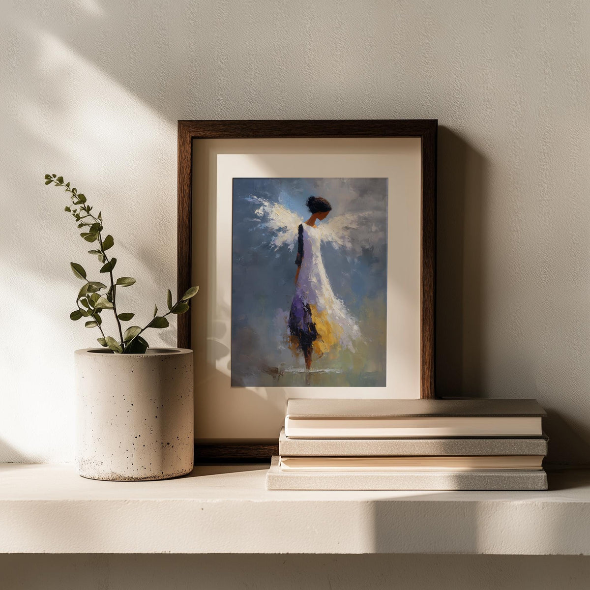 Serene Angel faith art print shown in a room setting
