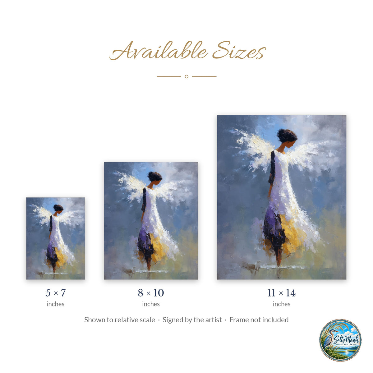 Serene Angel art print size guide: 5x7, 8x10 and 11x14