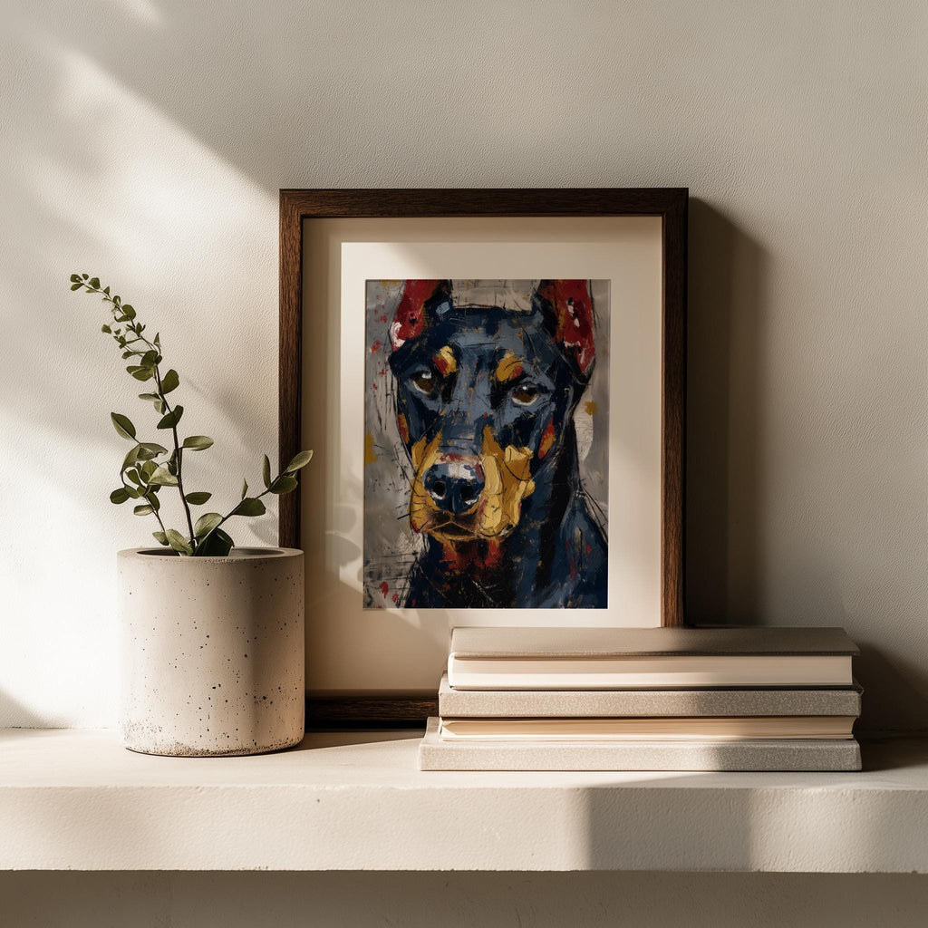 Black Doberman animal art print shown in a room setting