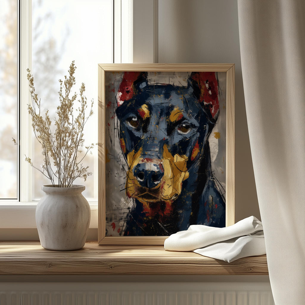 Black Doberman animal art print shown in a room setting
