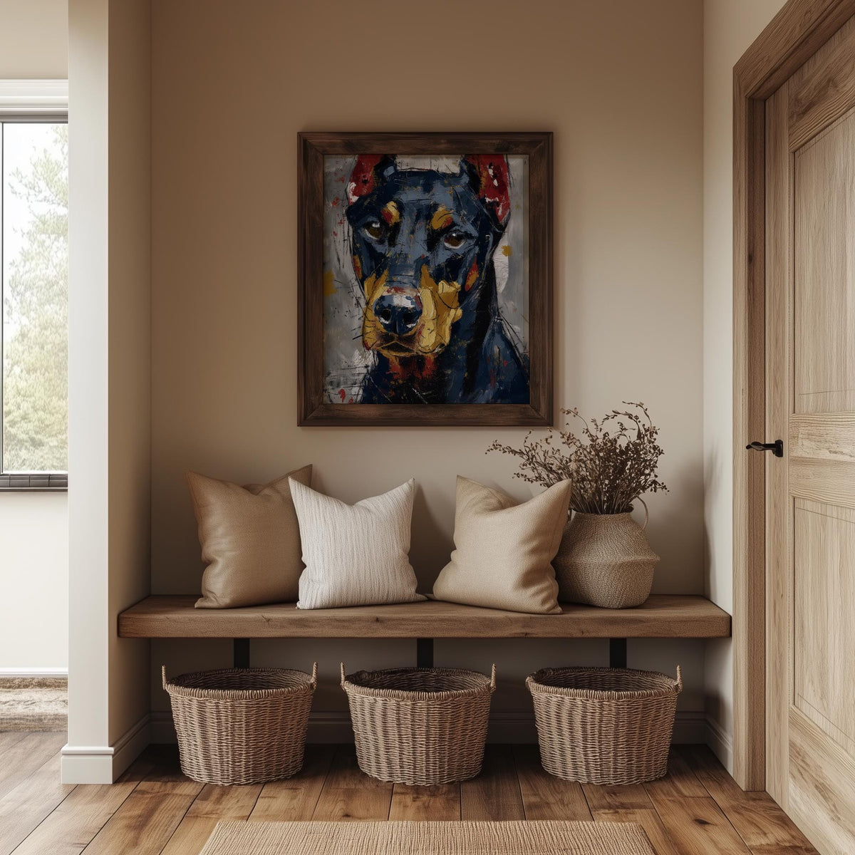 Black Doberman animal art print shown in a room setting