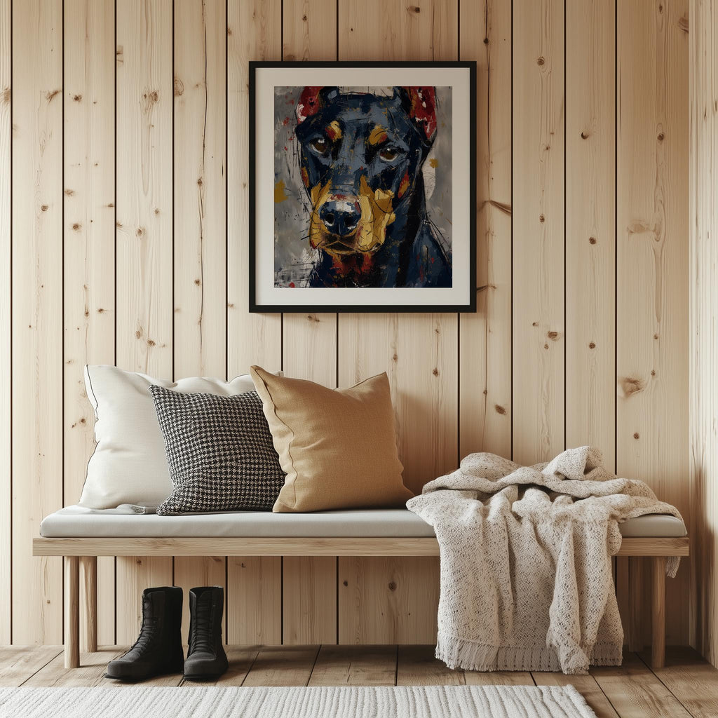 Black Doberman animal art print shown in a room setting