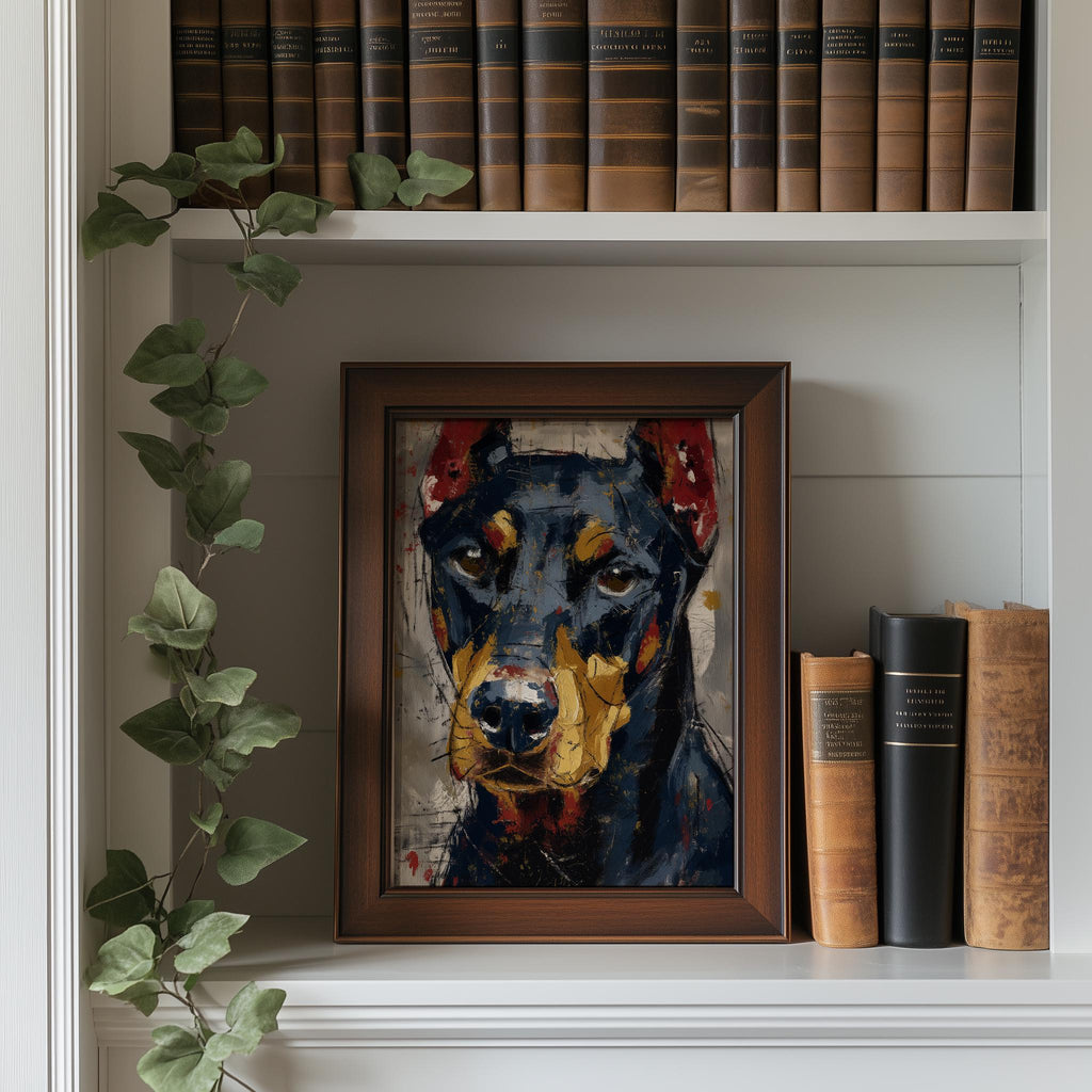 Black Doberman animal art print shown in a room setting