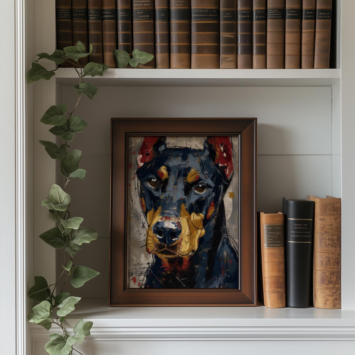Black Doberman animal art print shown in a room setting