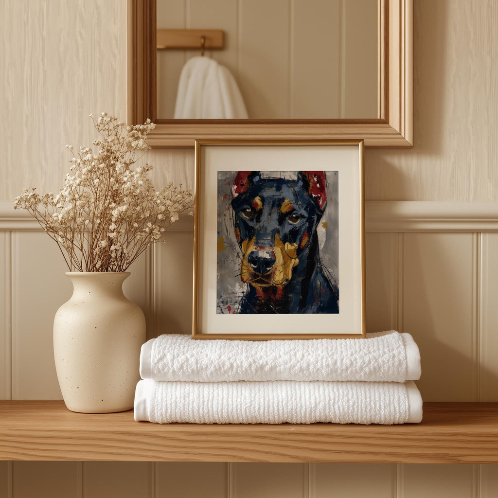 Black Doberman animal art print shown in a room setting