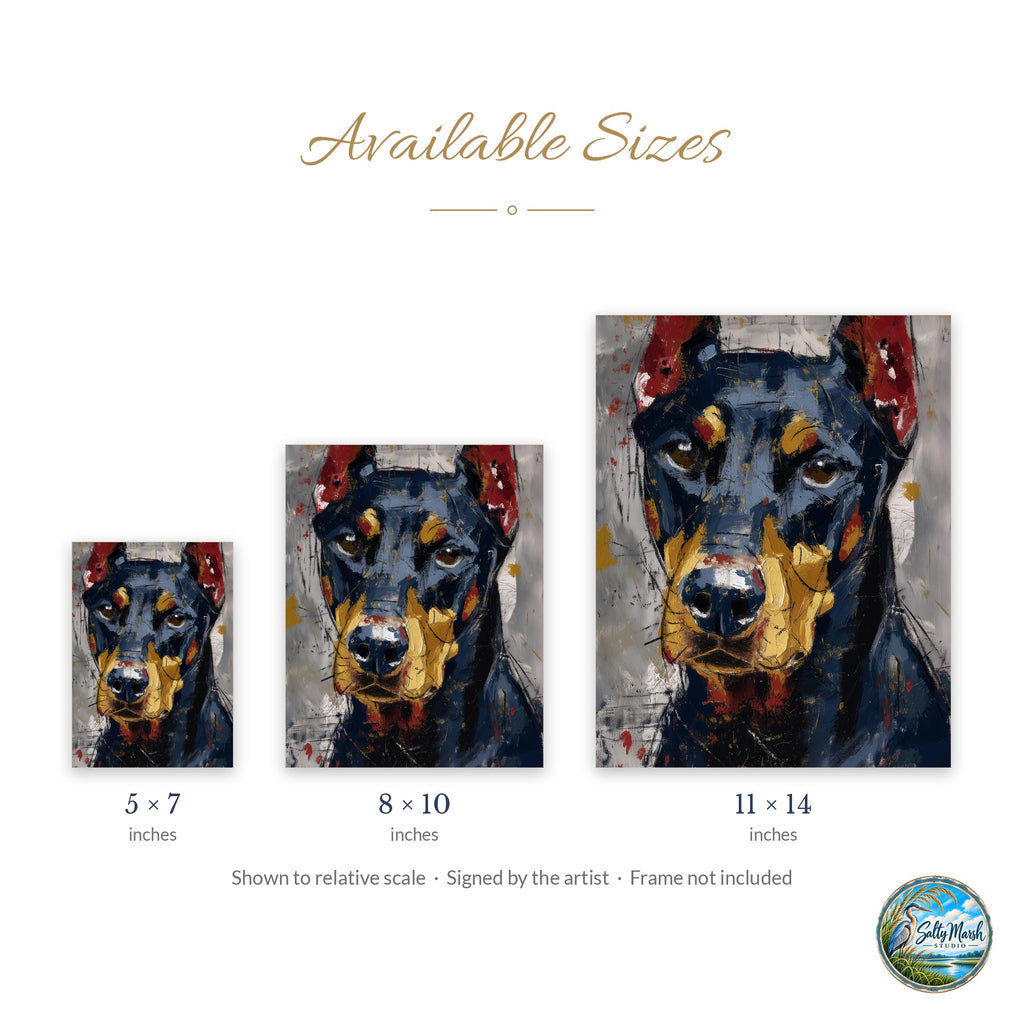 Black Doberman art print size guide: 5x7, 8x10 and 11x14