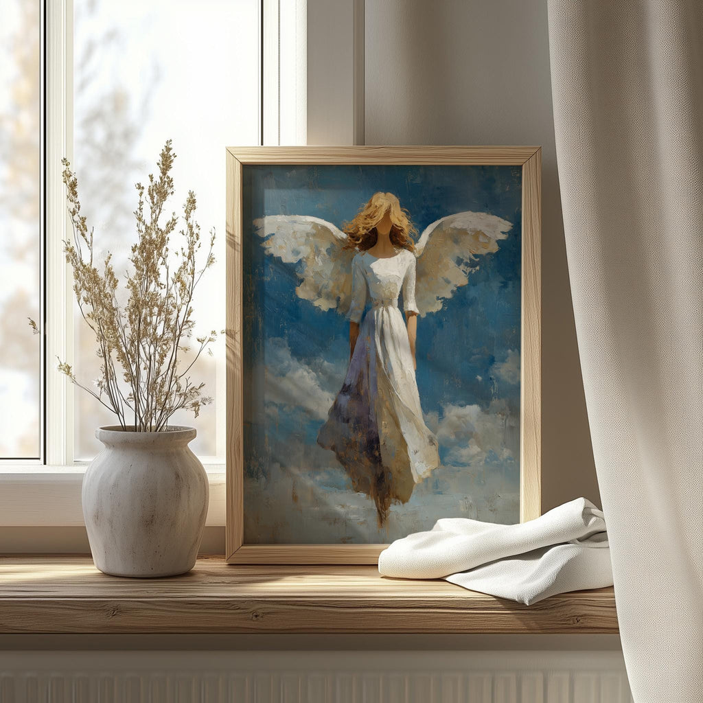 Angel Wings faith art print shown in a room setting
