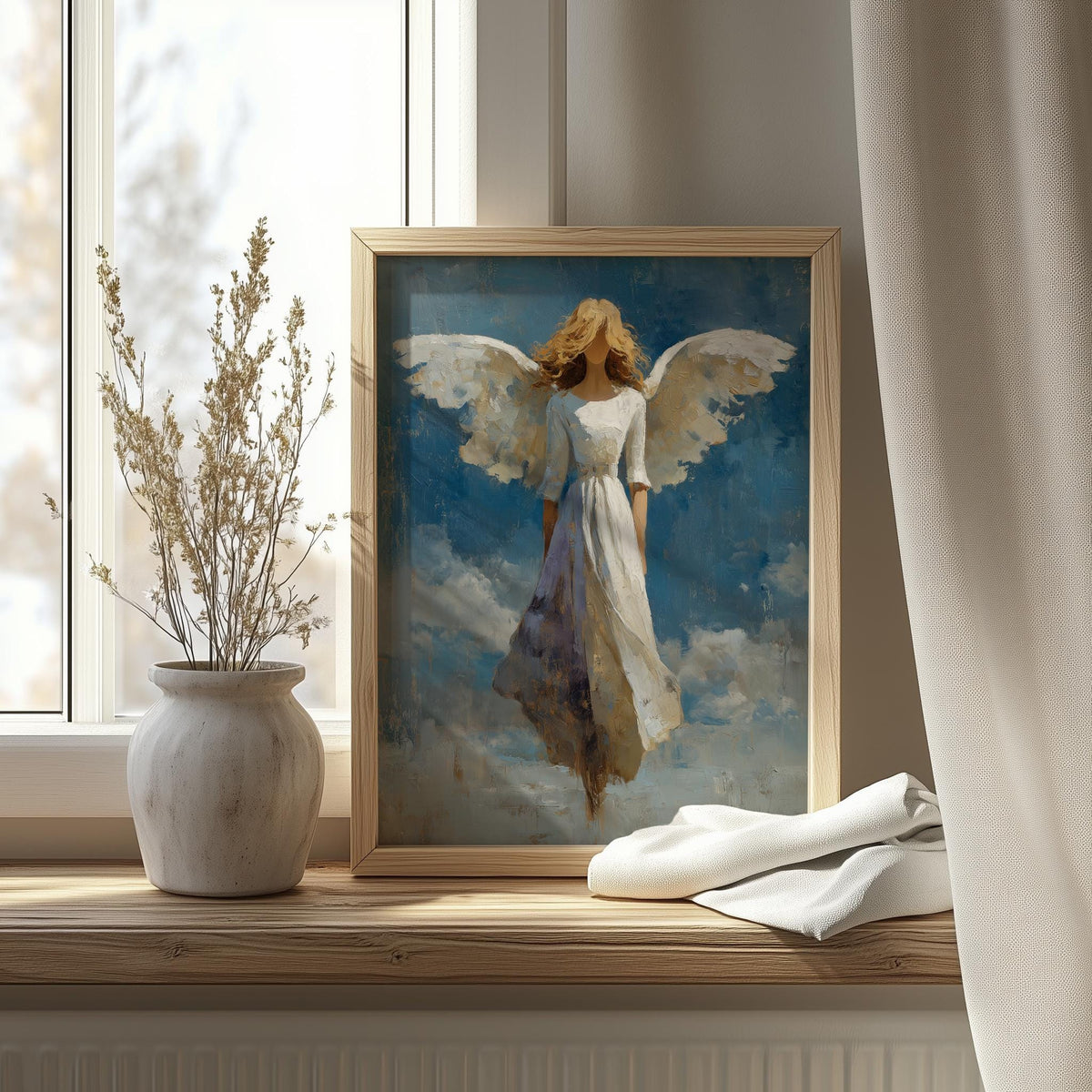 Angel Wings faith art print shown in a room setting
