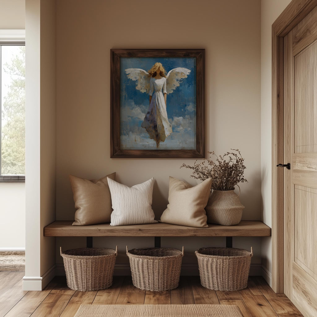 Angel Wings faith art print shown in a room setting