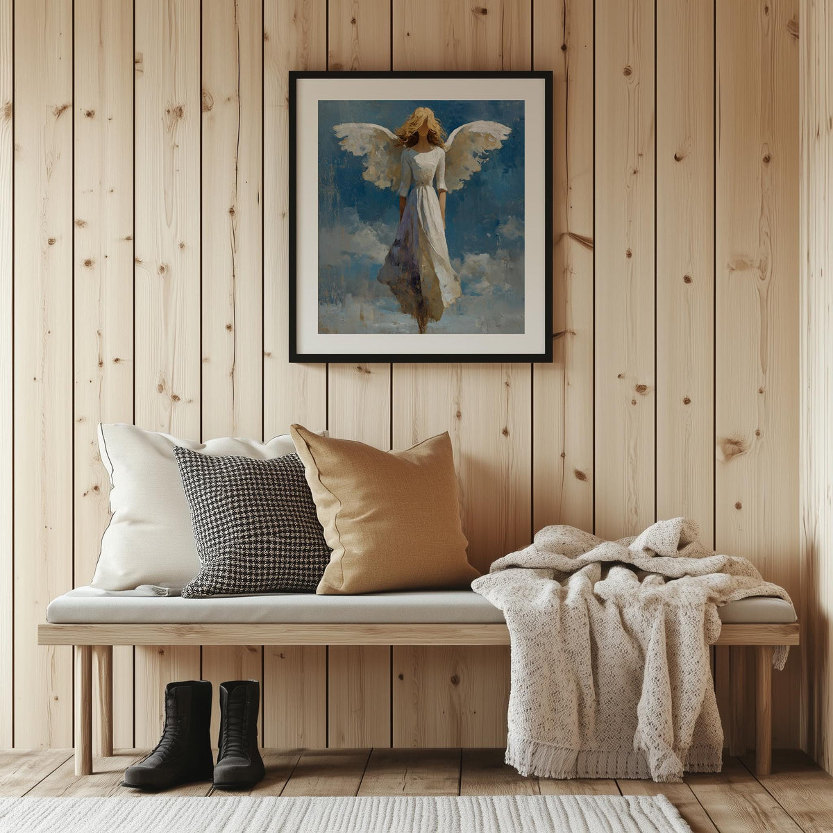 Angel Wings faith art print shown in a room setting