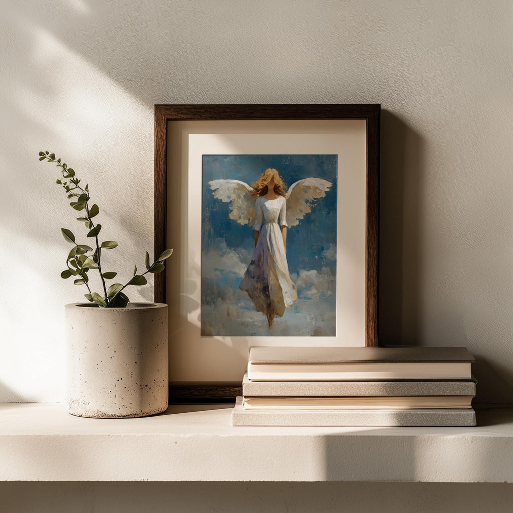 Angel Wings faith art print shown in a room setting