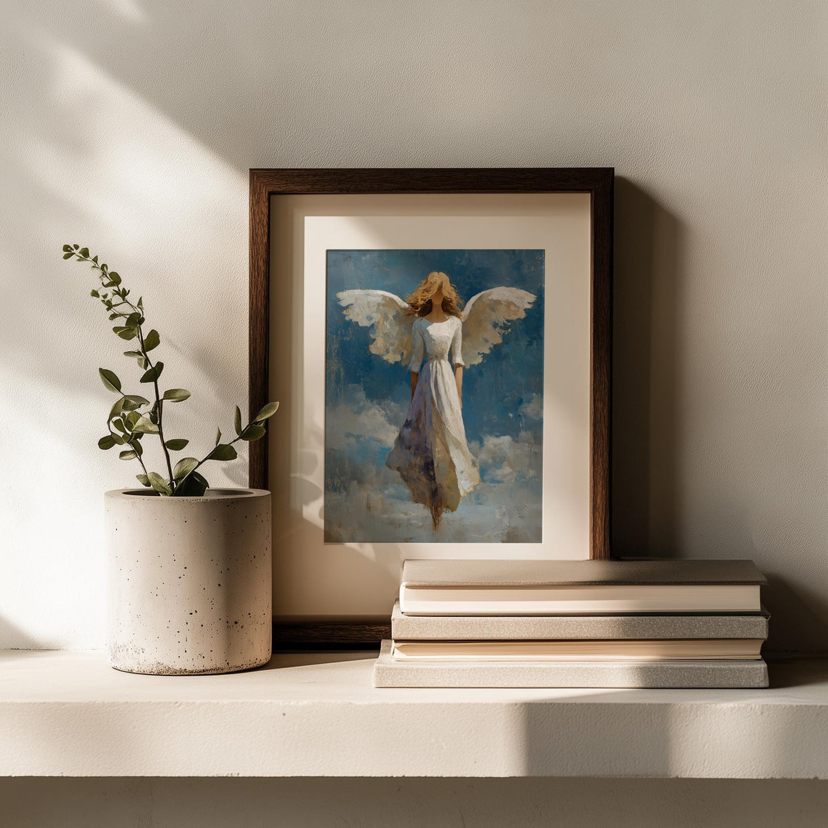 Angel Wings faith art print shown in a room setting