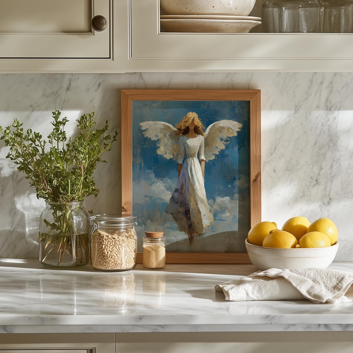 Angel Wings faith art print shown in a room setting