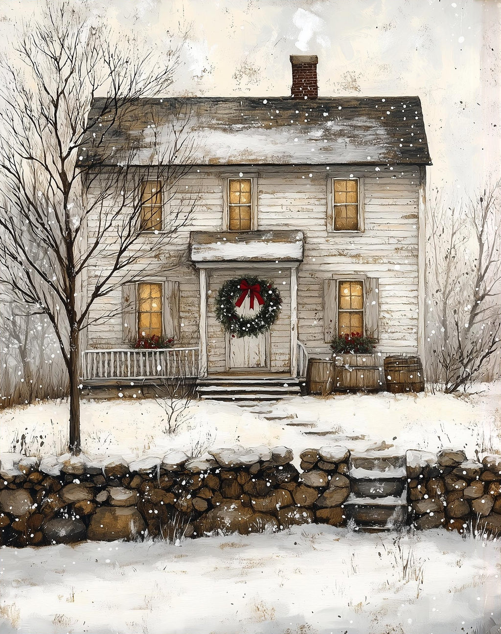 Folk Farmhouse Christmas art print unframed, signed by Pattie Overcash