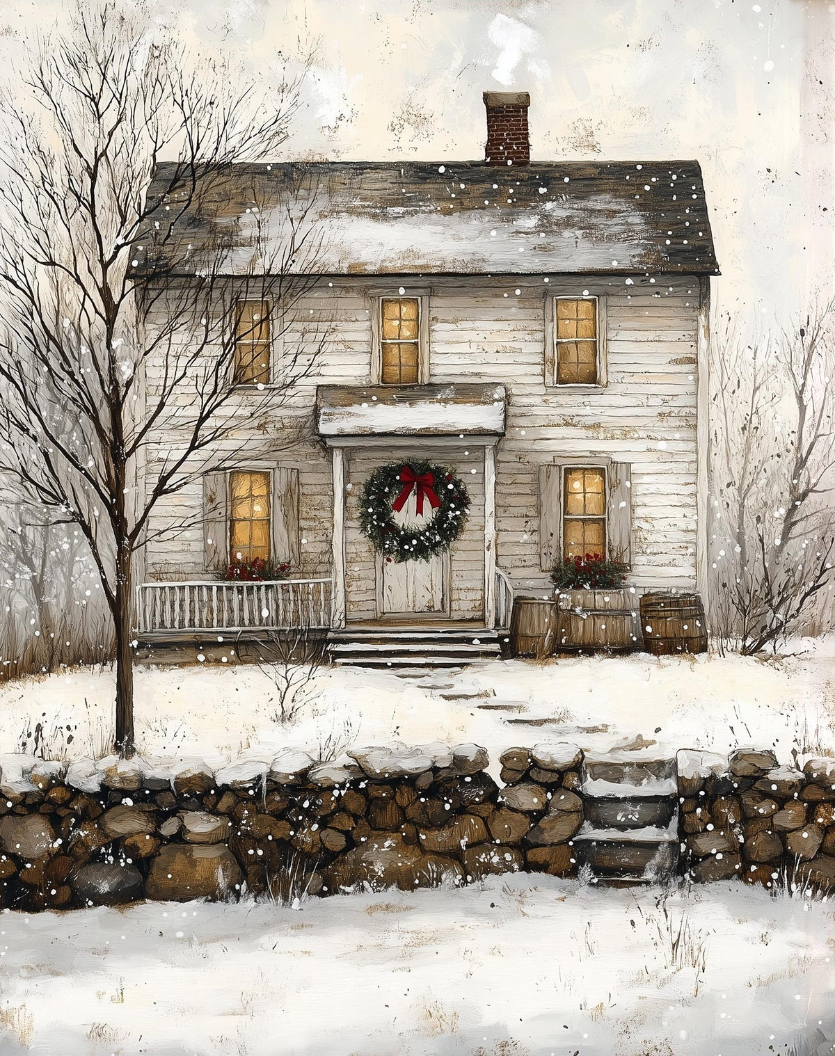 Folk Farmhouse Christmas art print unframed, signed by Pattie Overcash