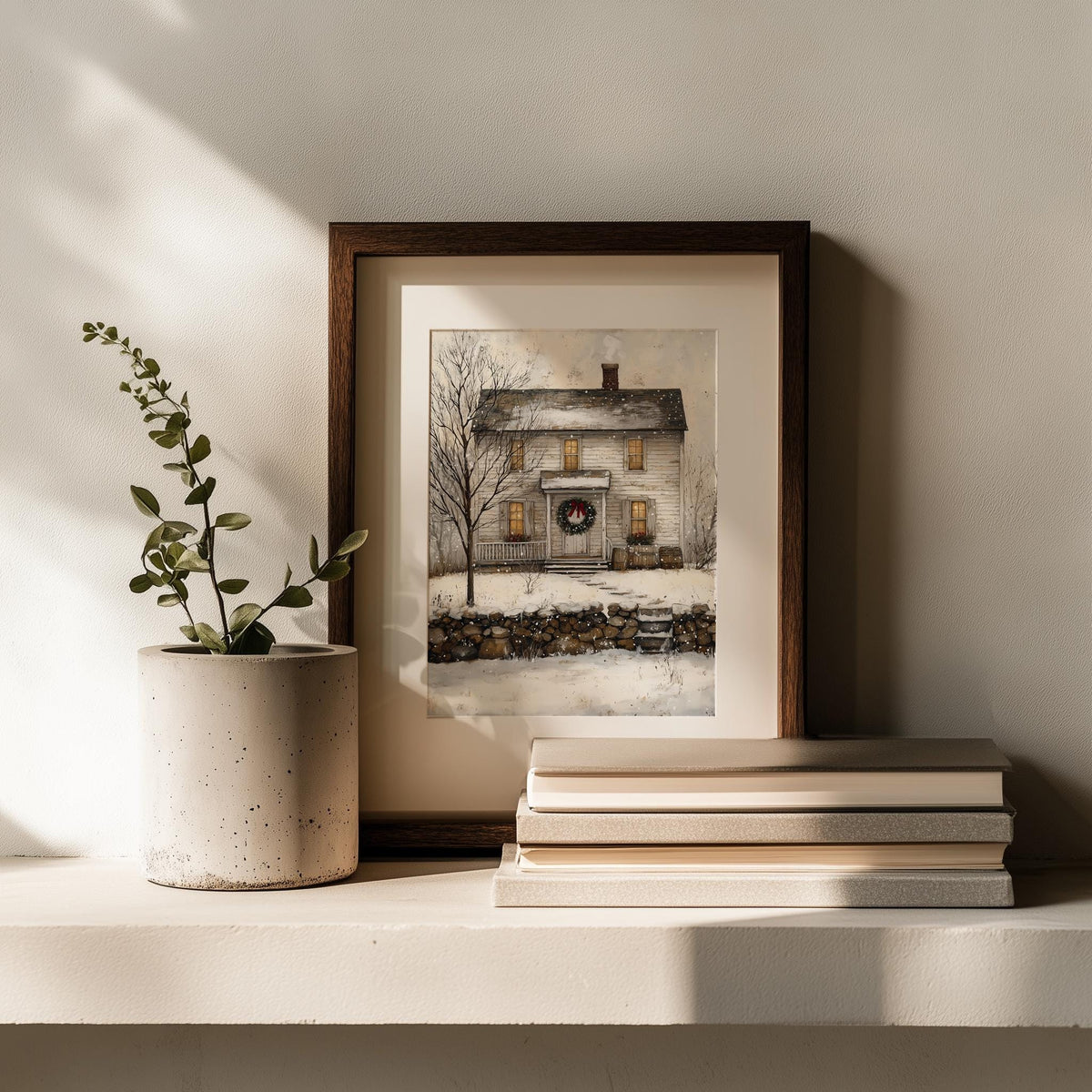 Folk Farmhouse Christmas art print shown in a room setting