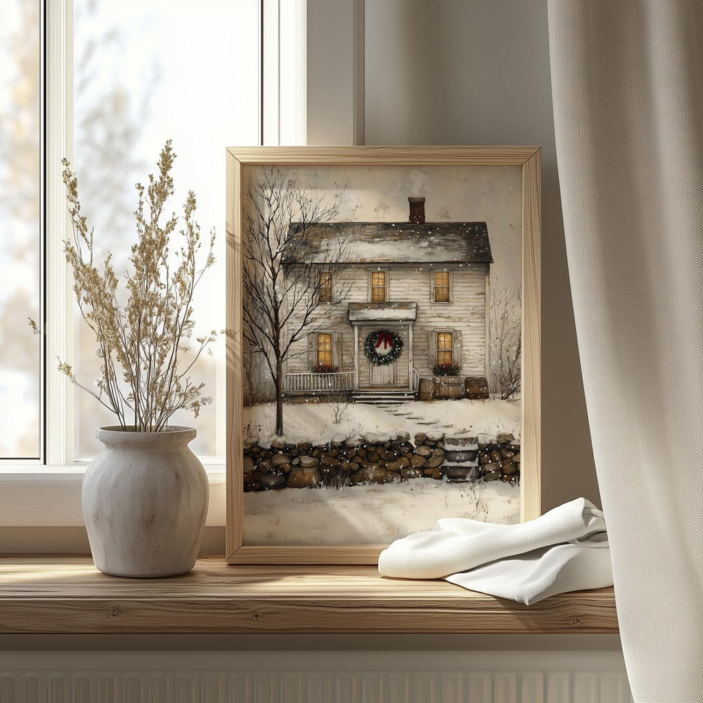 Folk Farmhouse Christmas art print shown in a room setting