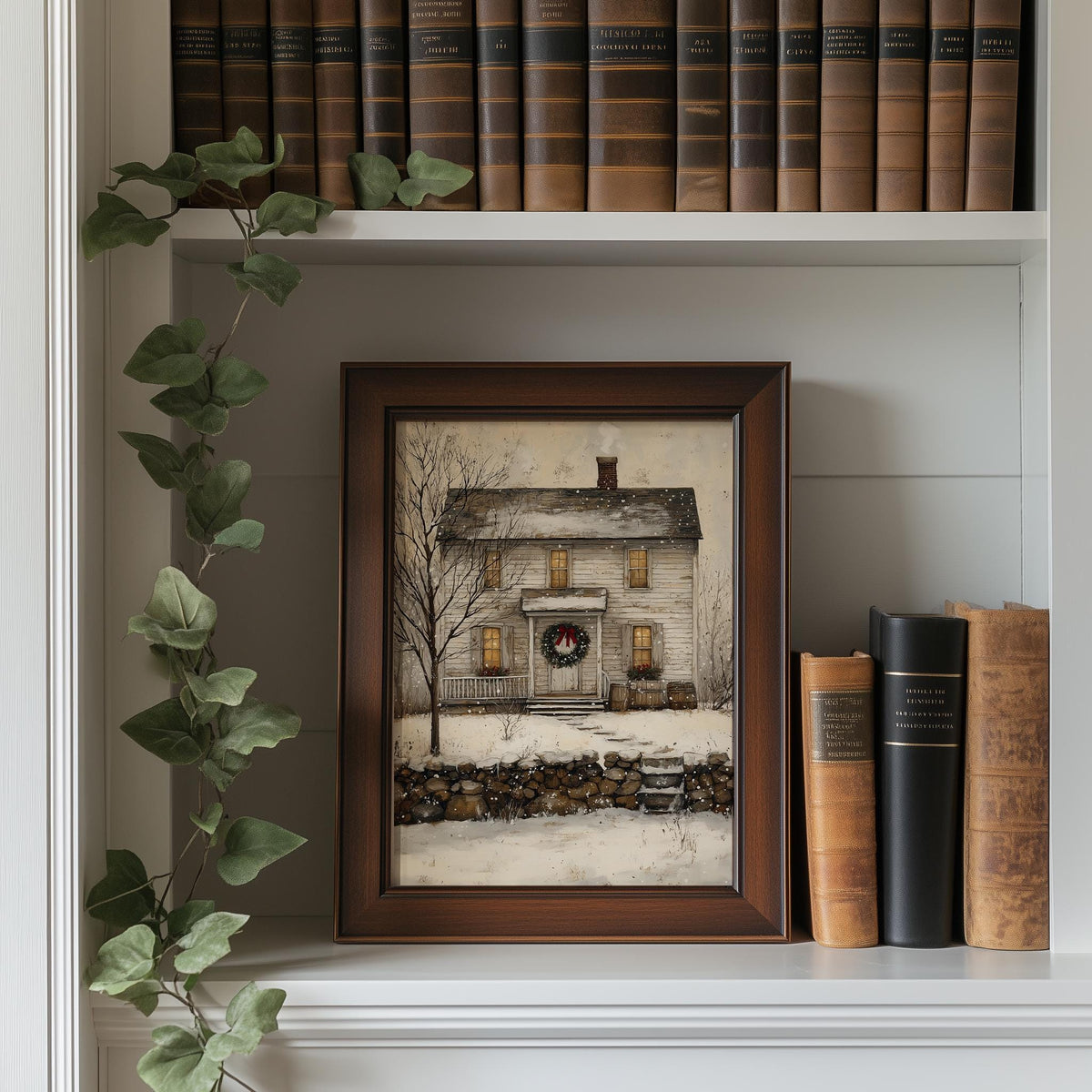 Folk Farmhouse Christmas art print shown in a room setting