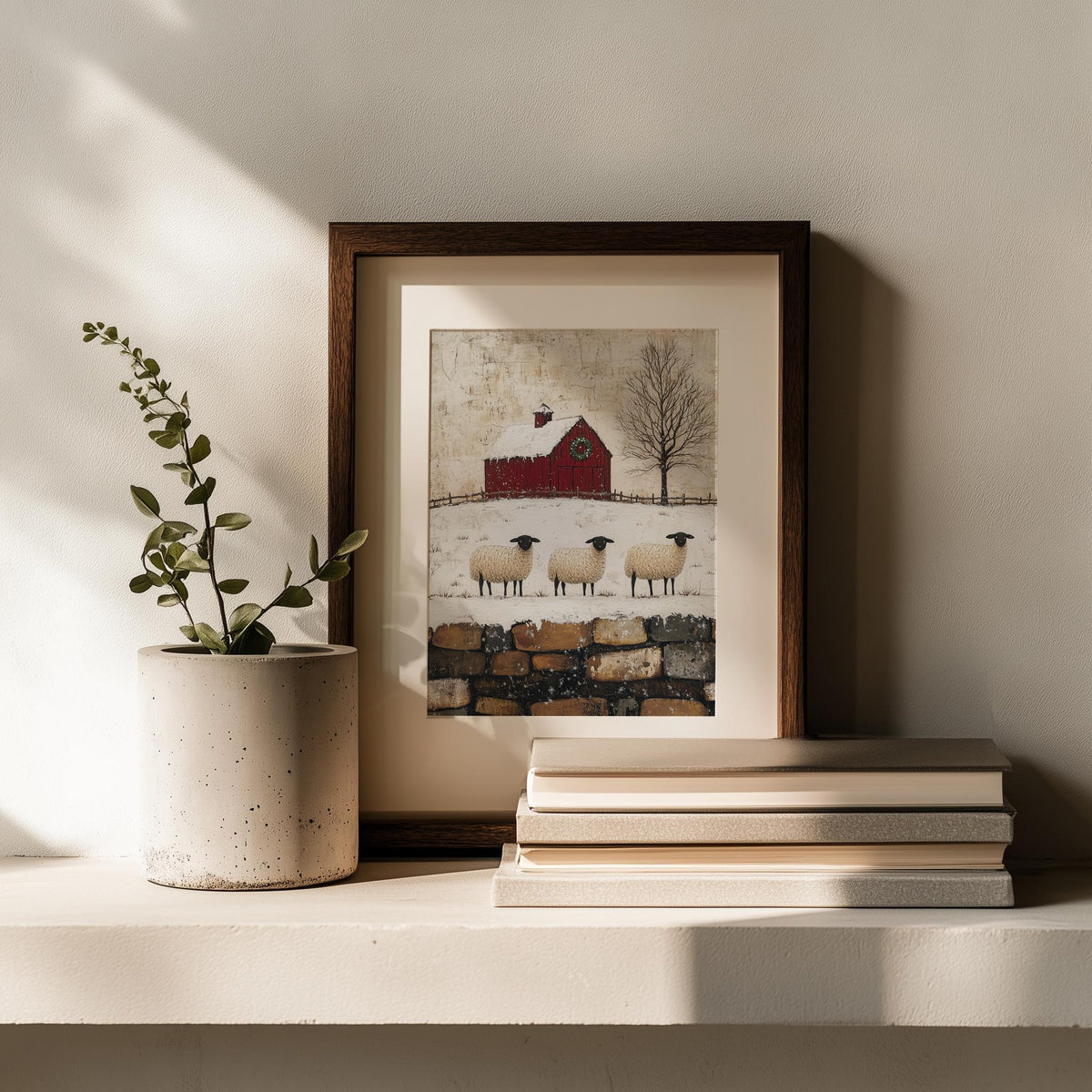 Winter Sheep winter art print shown in a room setting