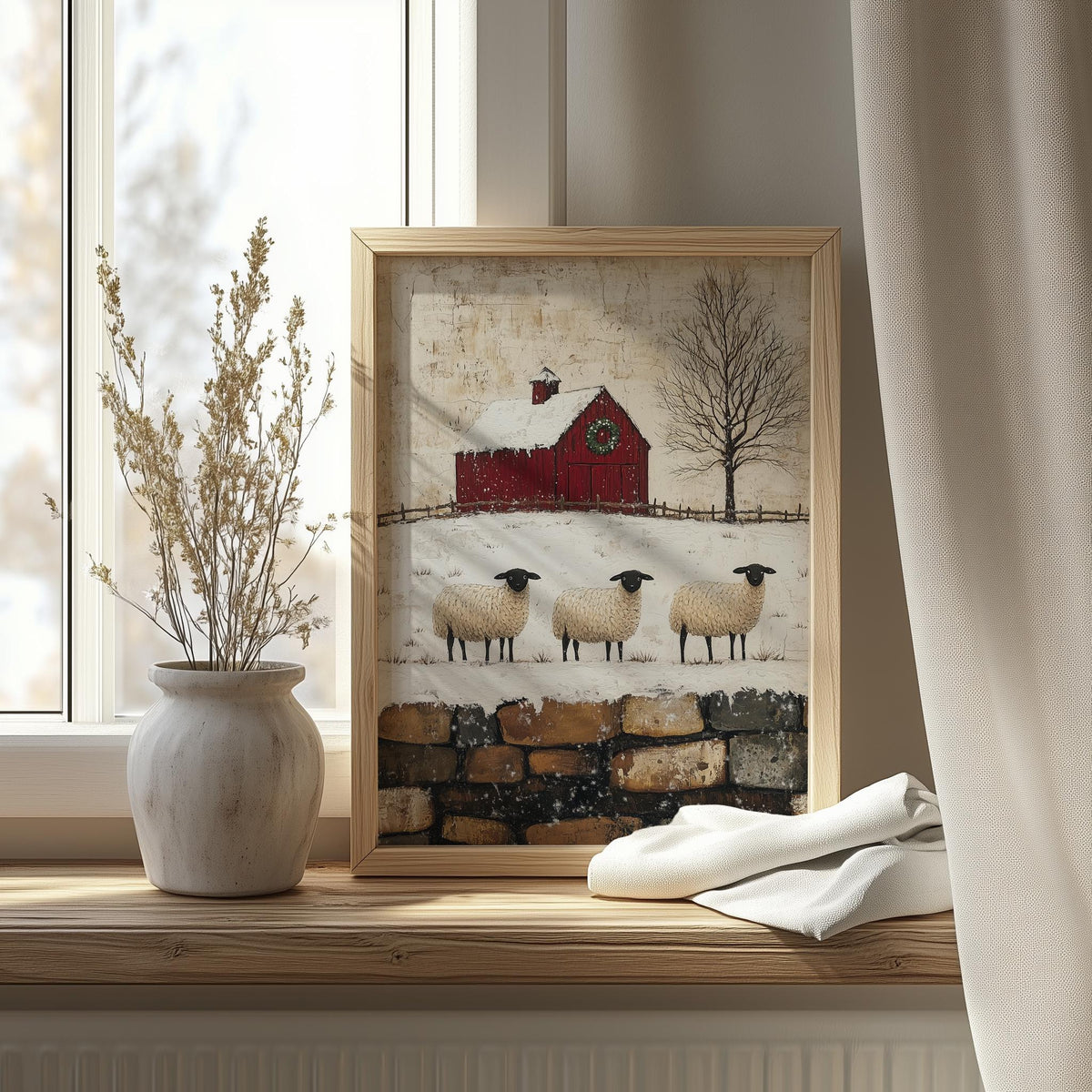 Winter Sheep winter art print shown in a room setting