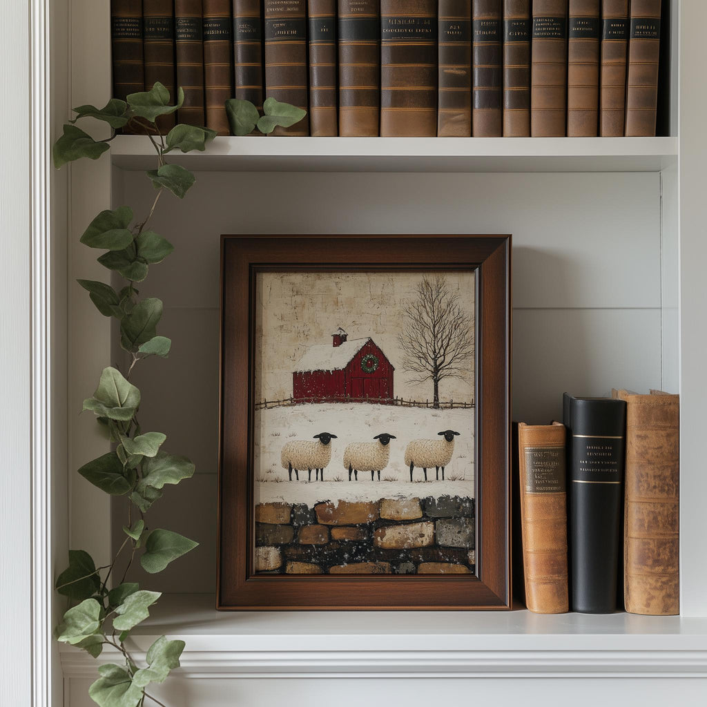 Winter Sheep winter art print shown in a room setting