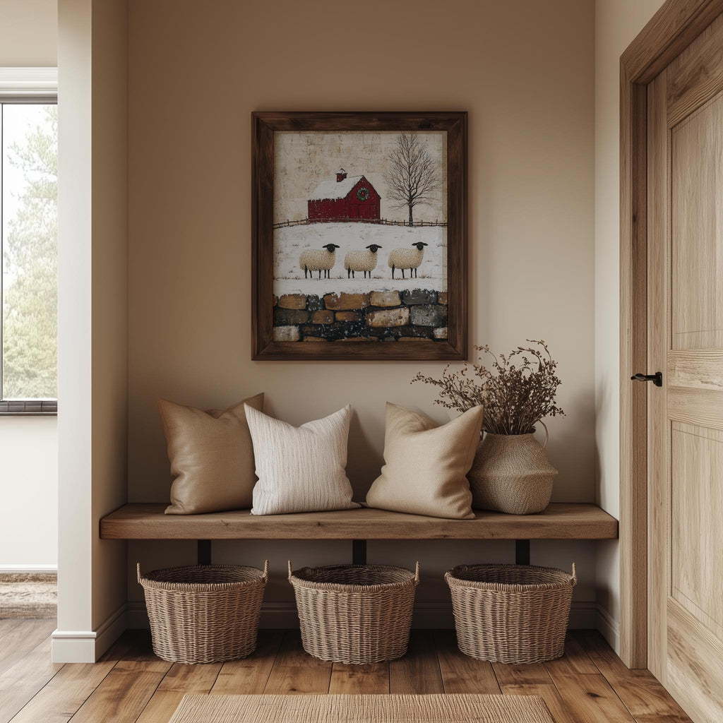 Winter Sheep winter art print shown in a room setting