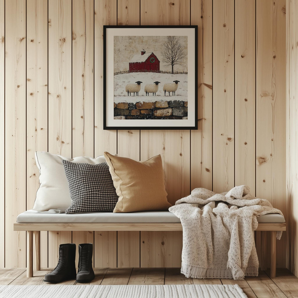 Winter Sheep winter art print shown in a room setting