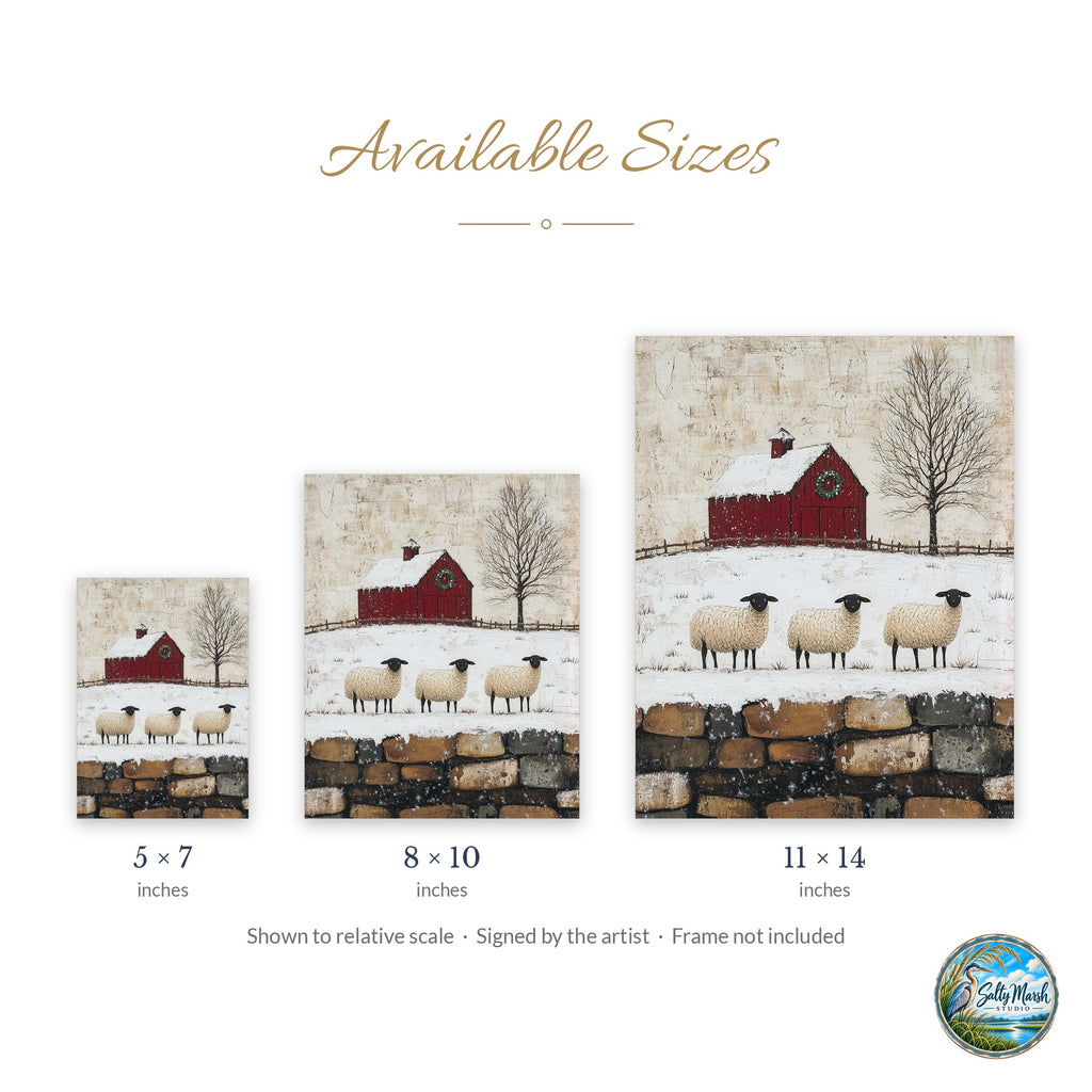 Winter Sheep art print size guide: 5x7, 8x10 and 11x14