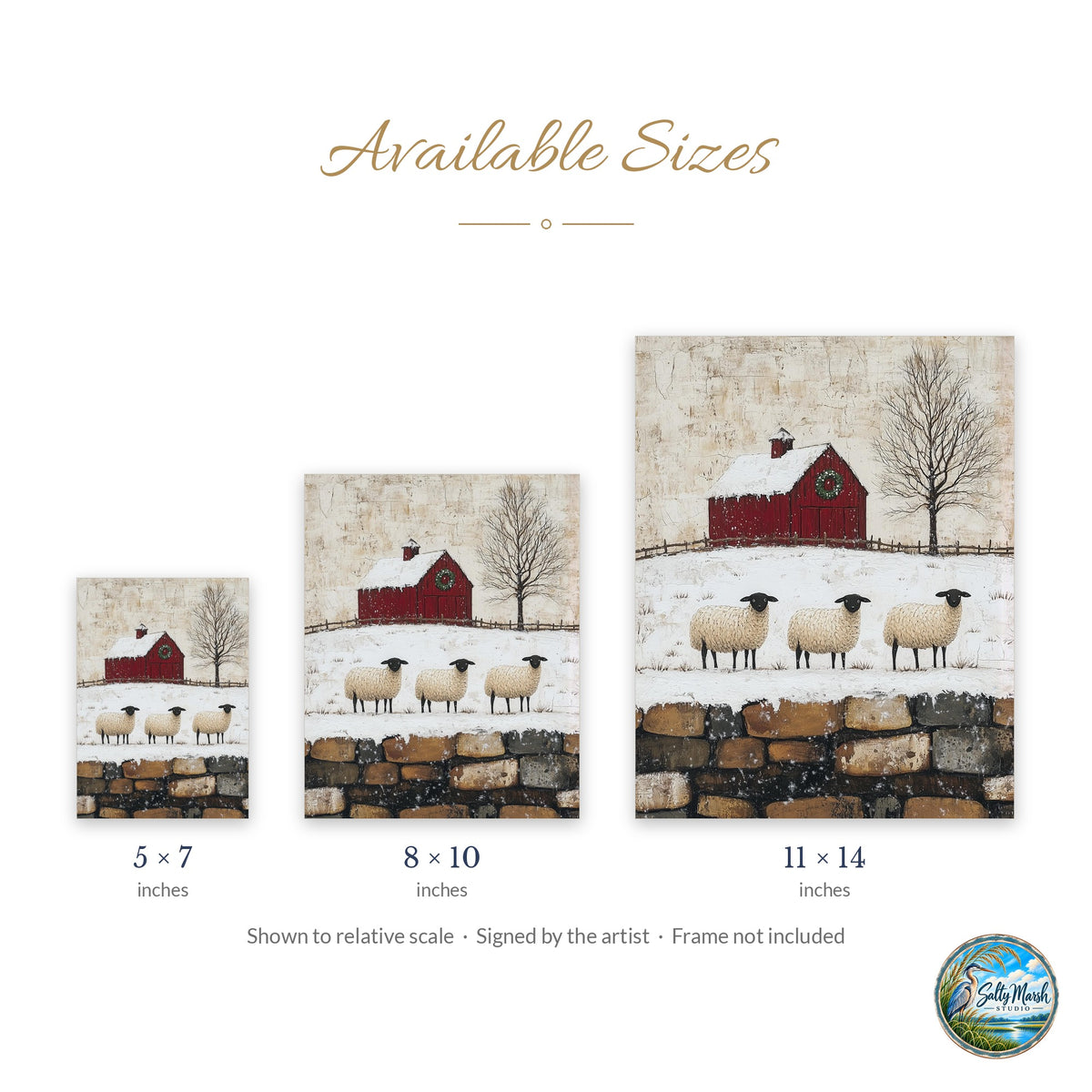 Winter Sheep art print size guide: 5x7, 8x10 and 11x14