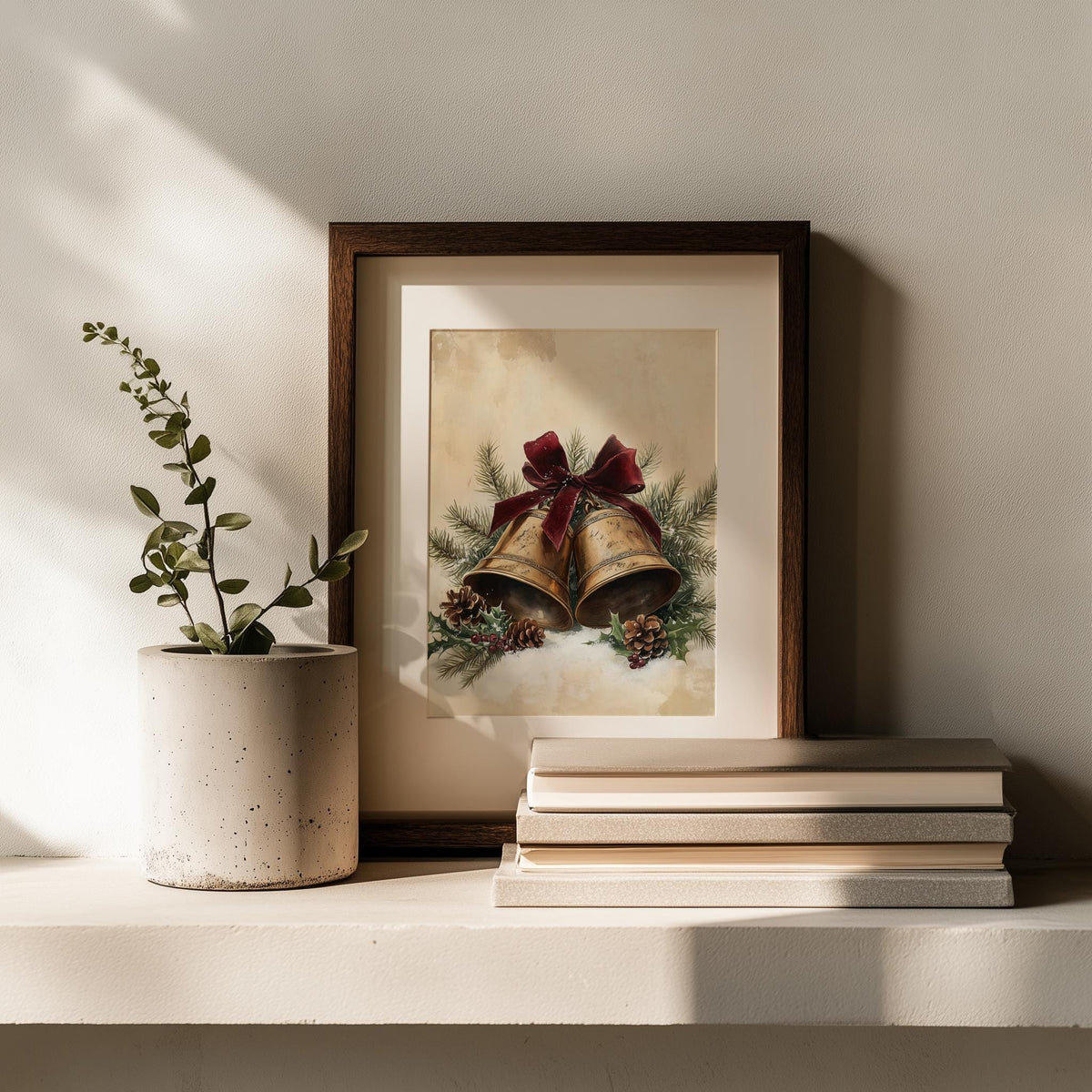 Brass Bells Christmas art print shown in a room setting