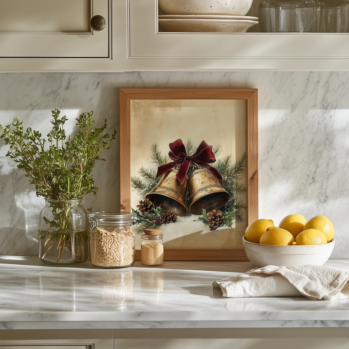Brass Bells Christmas art print shown in a room setting