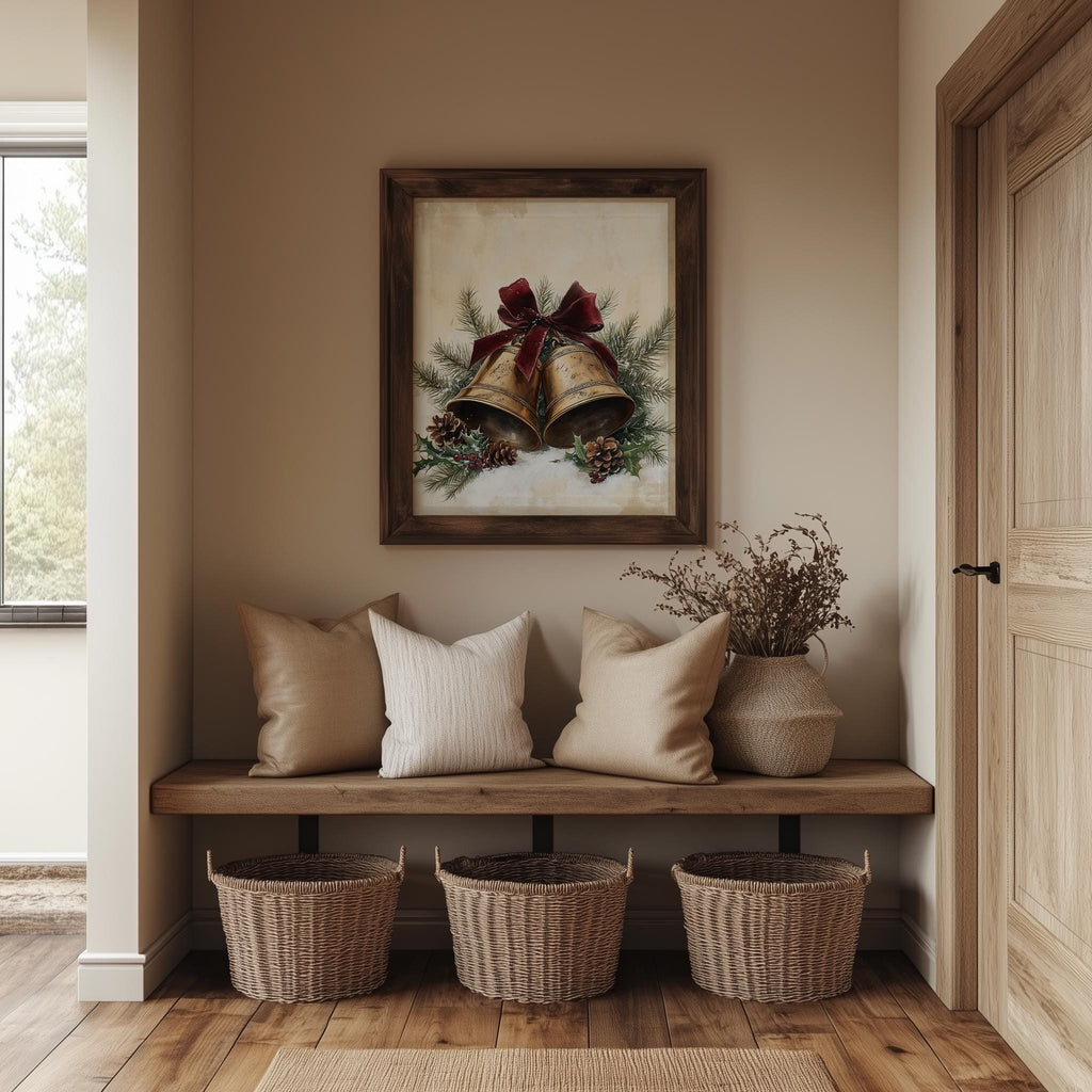 Brass Bells Christmas art print shown in a room setting