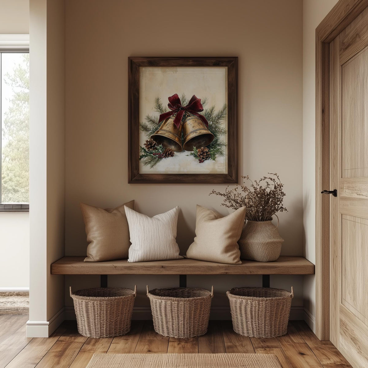 Brass Bells Christmas art print shown in a room setting