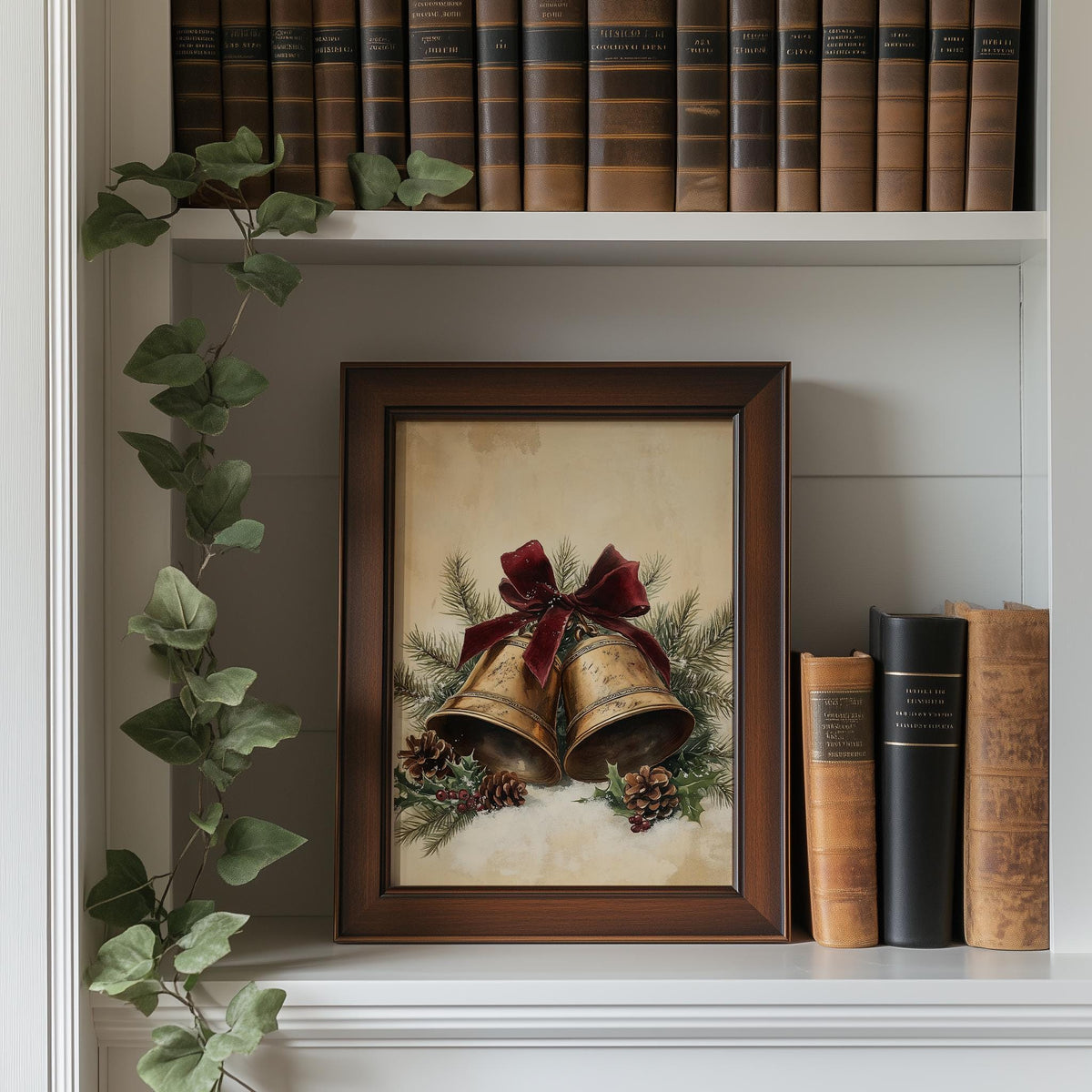 Brass Bells Christmas art print shown in a room setting