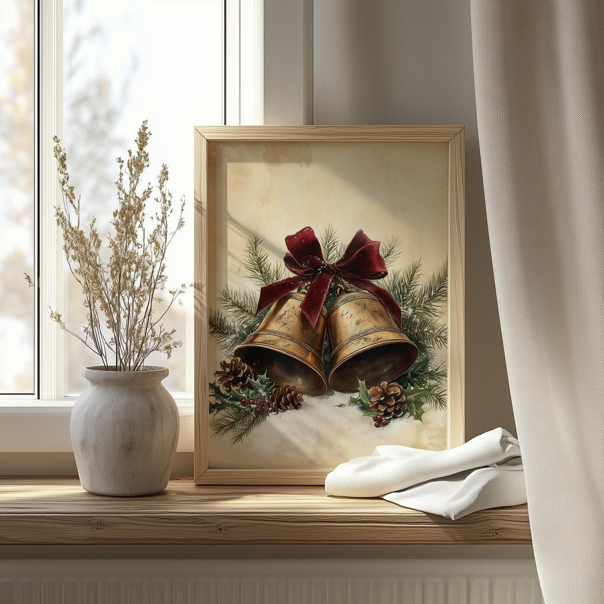 Brass Bells Christmas art print shown in a room setting